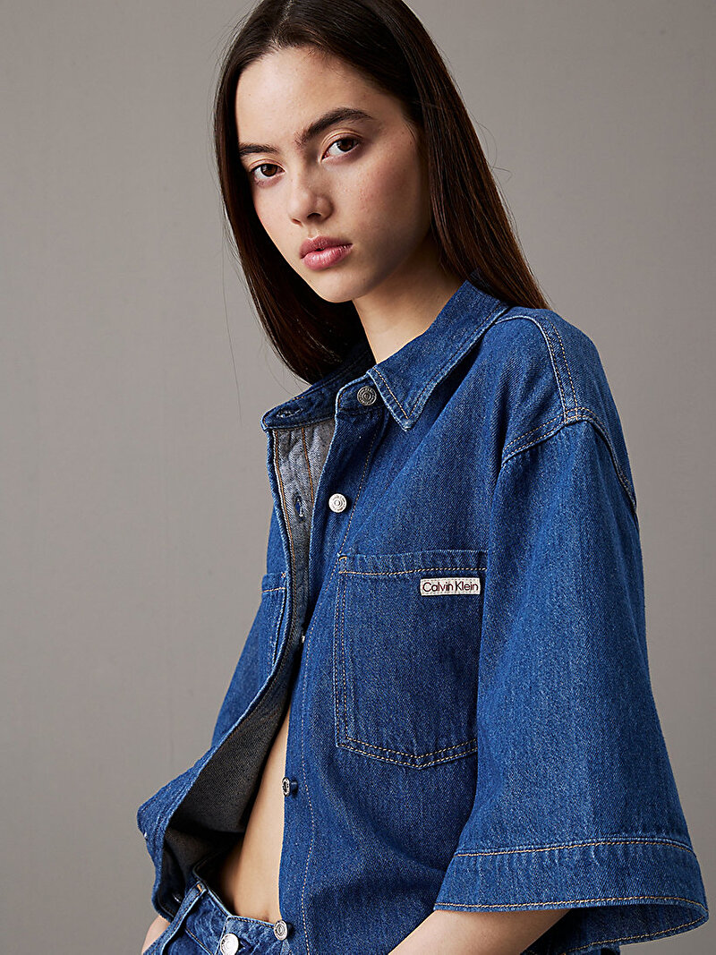 Calvin Klein Mavi Renkli Kadın Linen Boxy Kemerli Elbise