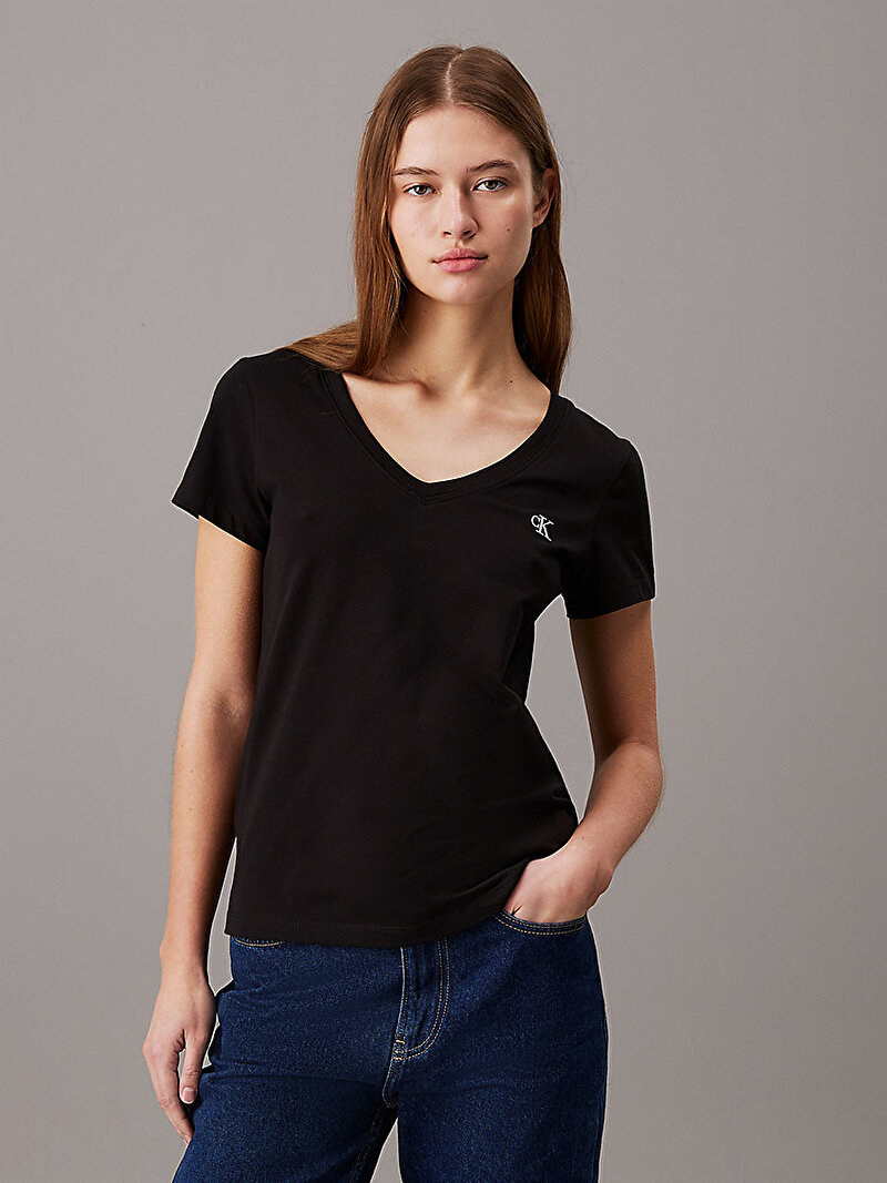 Calvin Klein Siyah Renkli Kadın CK Embroidery Stretch T-shirt