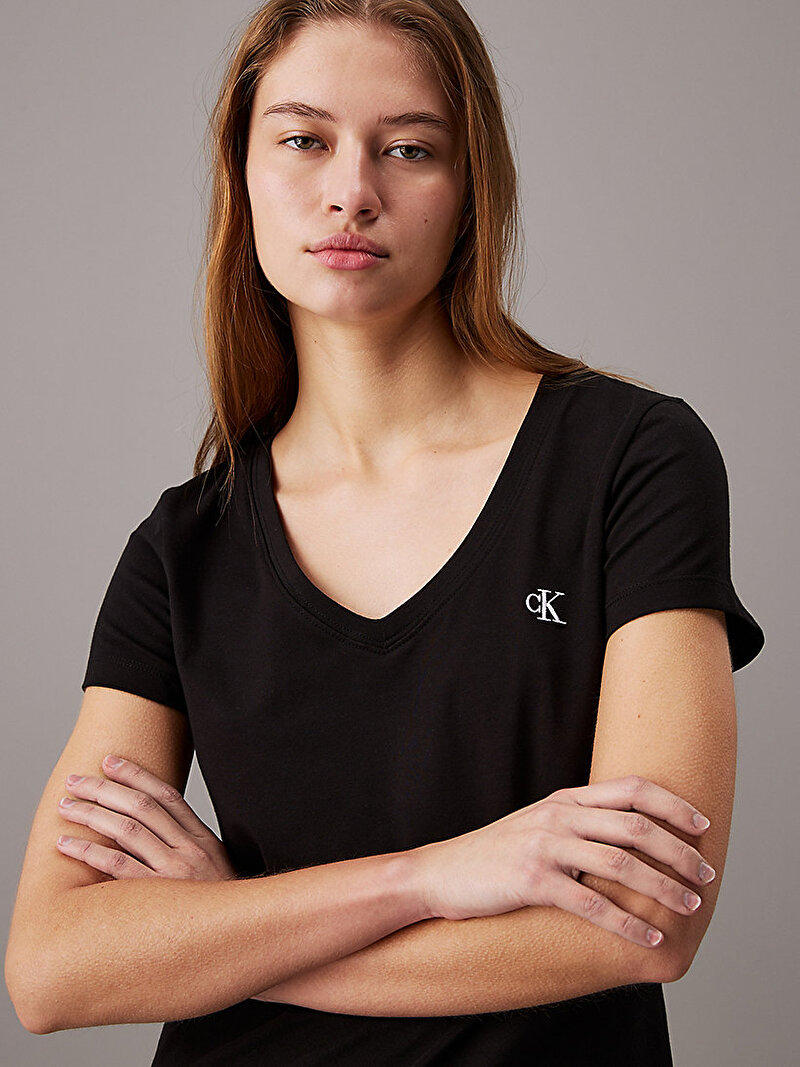 Calvin Klein Siyah Renkli Kadın CK Embroidery Stretch T-shirt