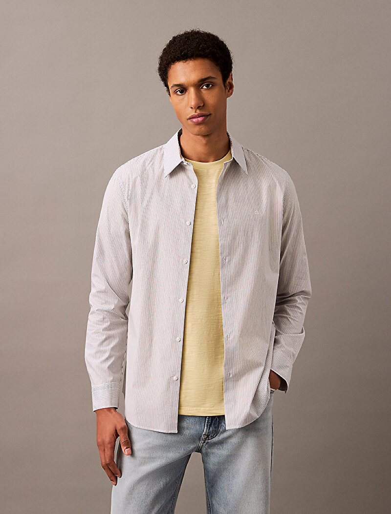 Calvin Klein Beyaz Renkli Erkek Thin Stripe Stretch Gömlek