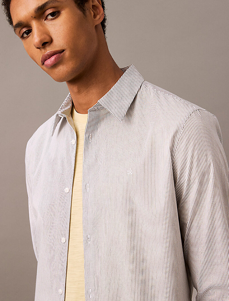 Calvin Klein Beyaz Renkli Erkek Thin Stripe Stretch Gömlek