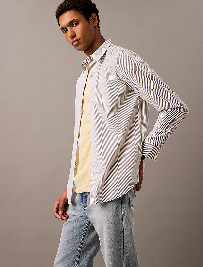 Calvin Klein Beyaz Renkli Erkek Thin Stripe Stretch Gömlek