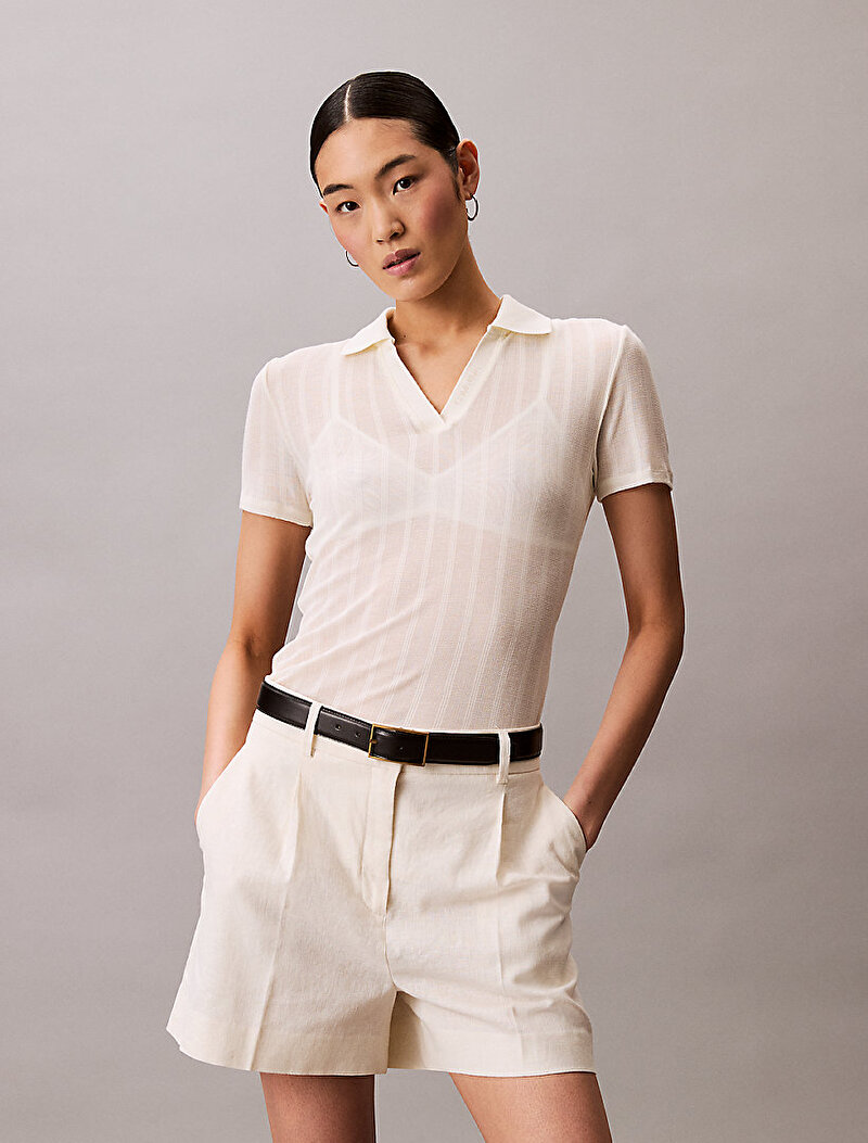 Calvin Klein Beyaz Renkli Kadın Pointelle Polo T-shirt