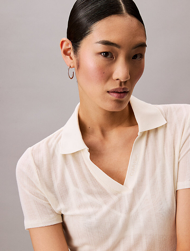 Calvin Klein Beyaz Renkli Kadın Pointelle Polo T-shirt