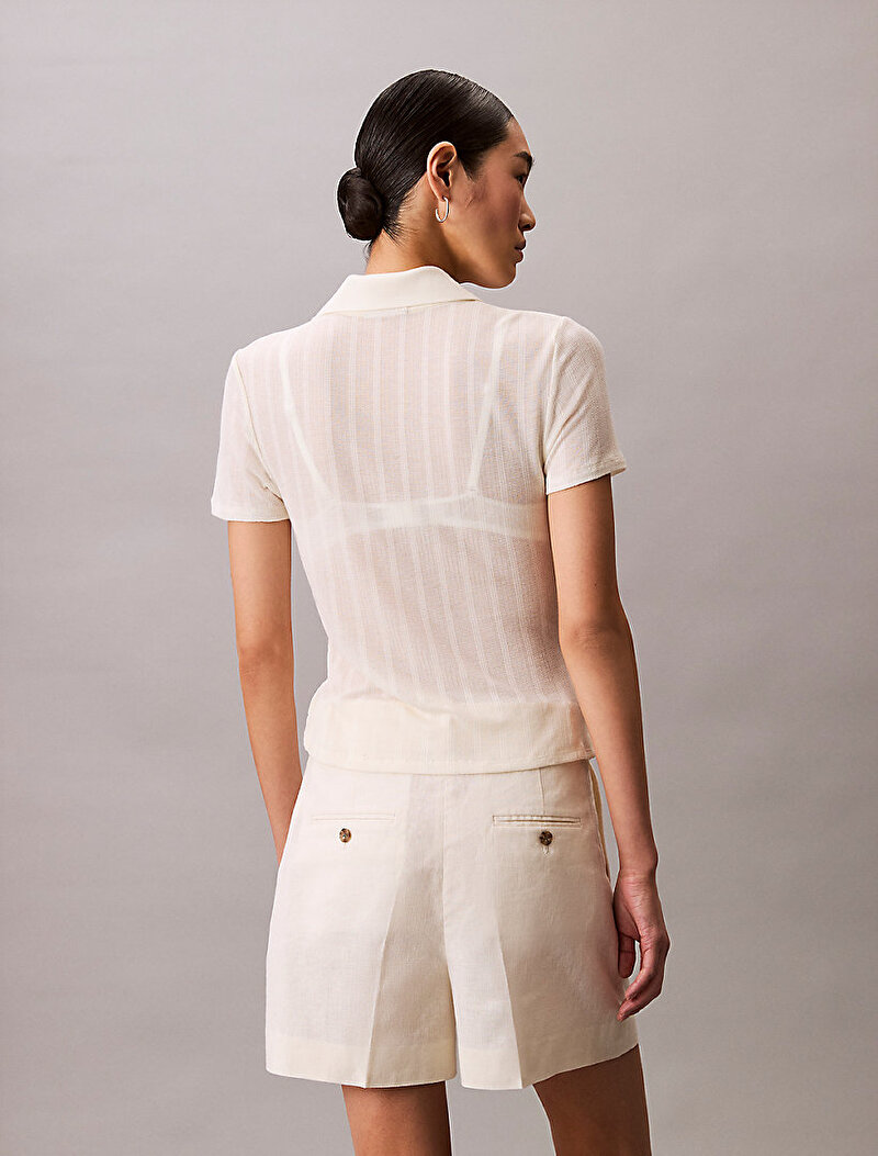 Calvin Klein Beyaz Renkli Kadın Pointelle Polo T-shirt