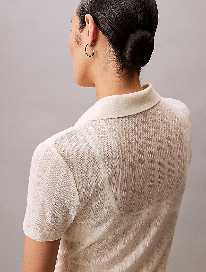 Calvin Klein Beyaz Renkli Kadın Pointelle Polo T-shirt