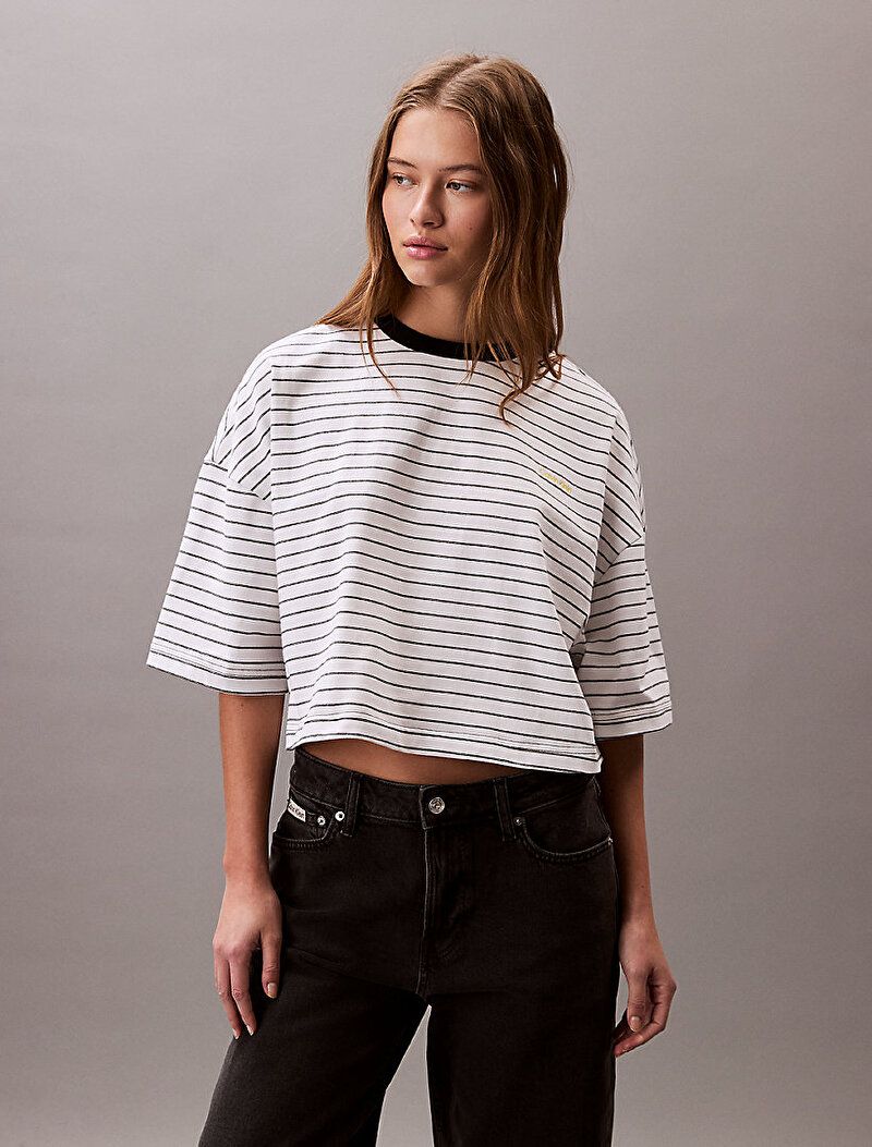 Calvin Klein Beyaz Renkli Kadın Cropped Stripe Boxy T-shirt