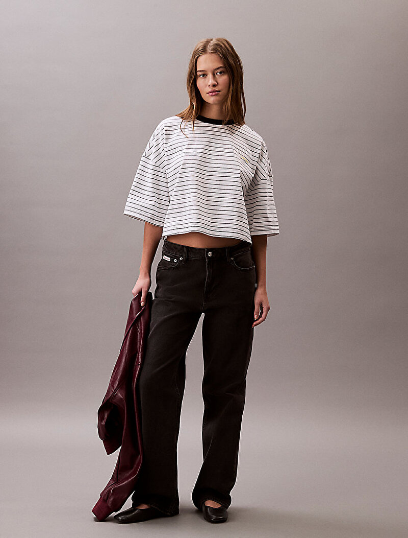 Calvin Klein Beyaz Renkli Kadın Cropped Stripe Boxy T-shirt