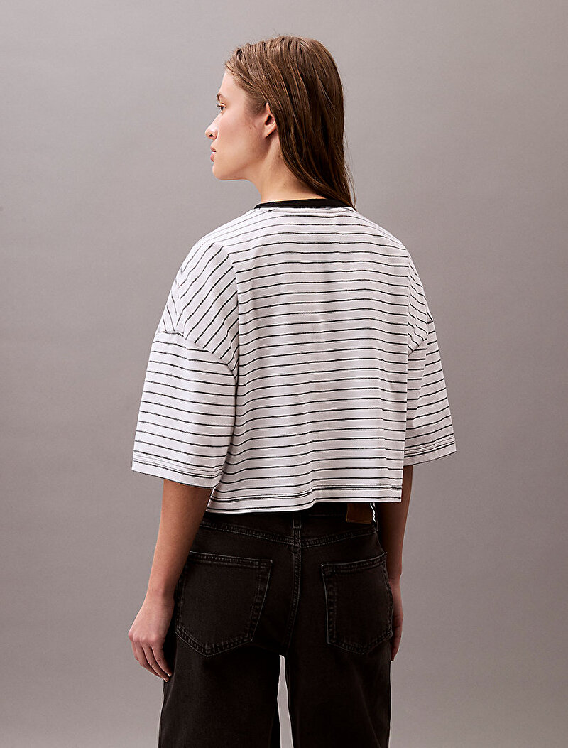 Calvin Klein Beyaz Renkli Kadın Cropped Stripe Boxy T-shirt