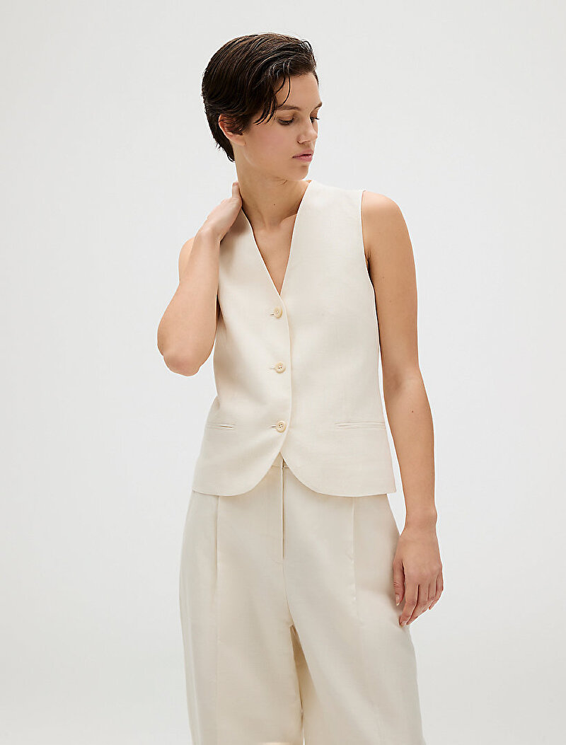 Calvin Klein Bej Renkli Kadın Structured Linen Pantolon