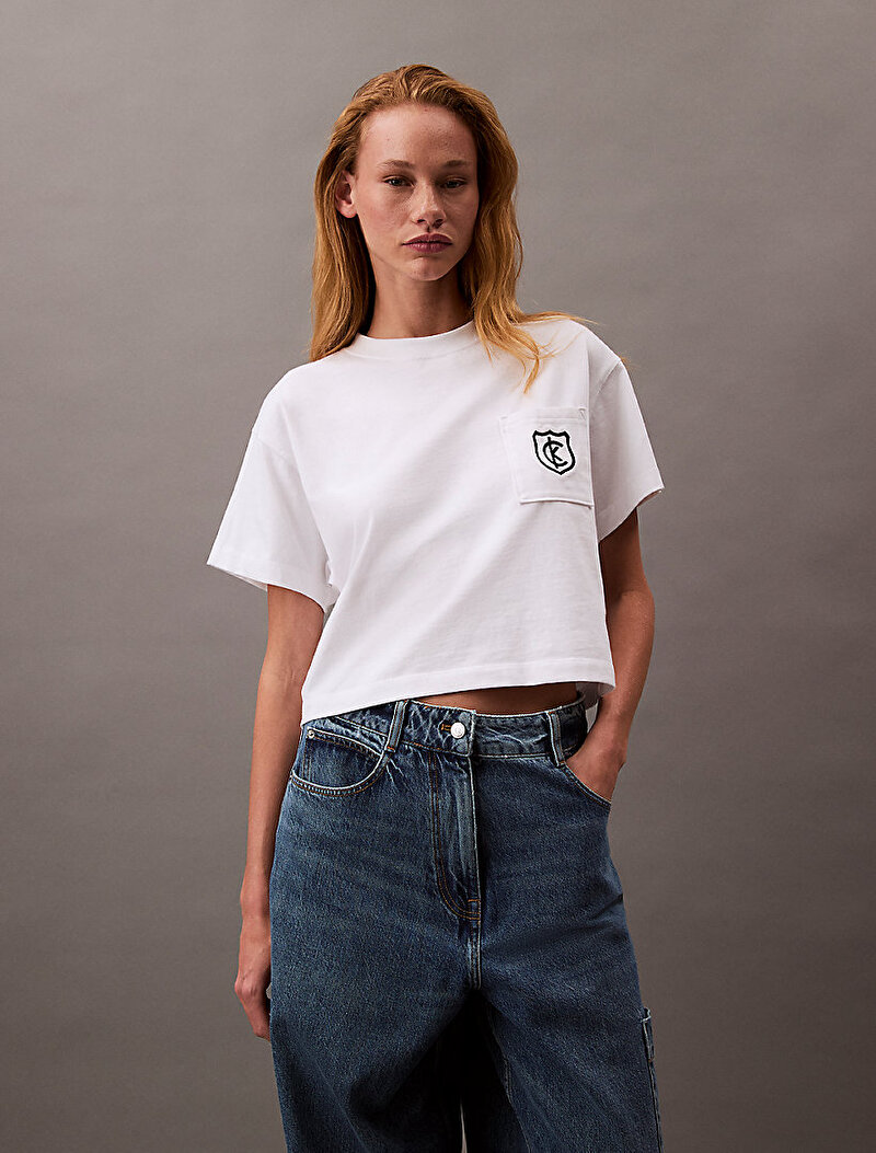 Calvin Klein Beyaz Renkli Kadın Boxy CK Crest T-shirt