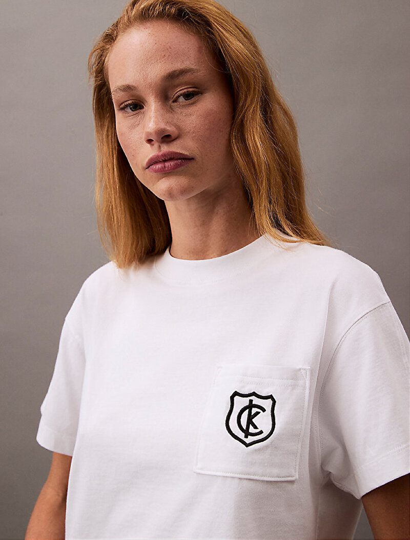 Calvin Klein Beyaz Renkli Kadın Boxy CK Crest T-shirt