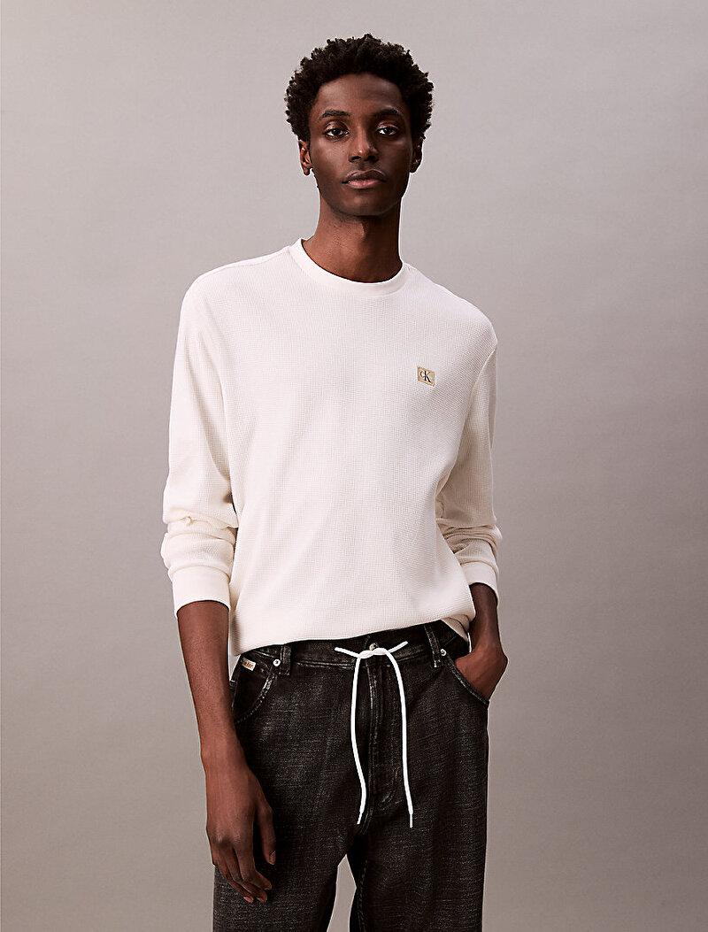 Calvin Klein Beyaz Renkli Erkek Waffle Badge Crew T-shirt