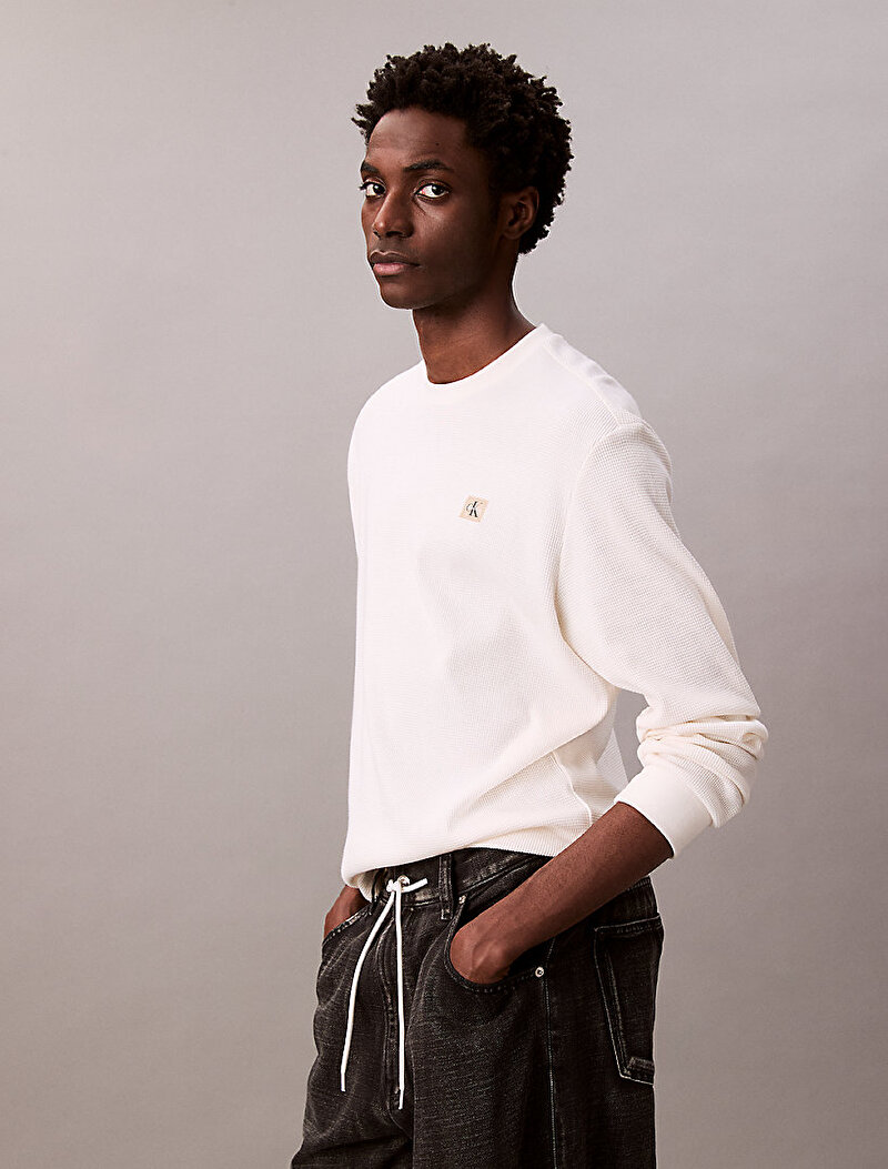 Calvin Klein Beyaz Renkli Erkek Waffle Badge Crew T-shirt