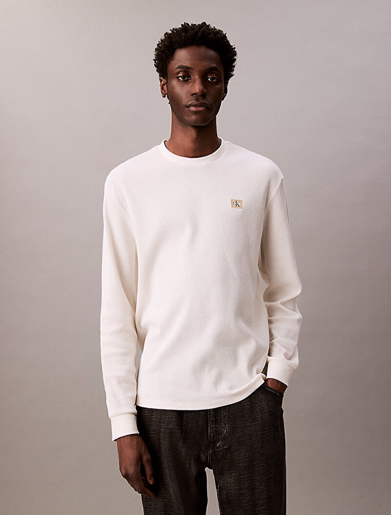 Calvin Klein Beyaz Renkli Erkek Waffle Badge Crew T-shirt