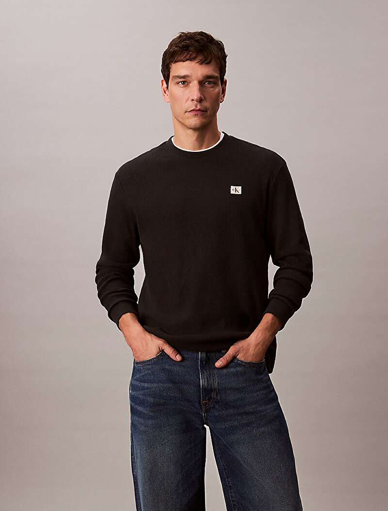 Calvin Klein Siyah Renkli Erkek Waffle Badge Crew T-shirt