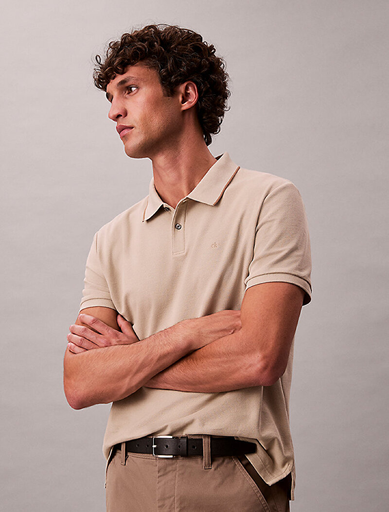 Calvin Klein Bej Renkli Erkek Refined Pique Tip Polo T-shirt