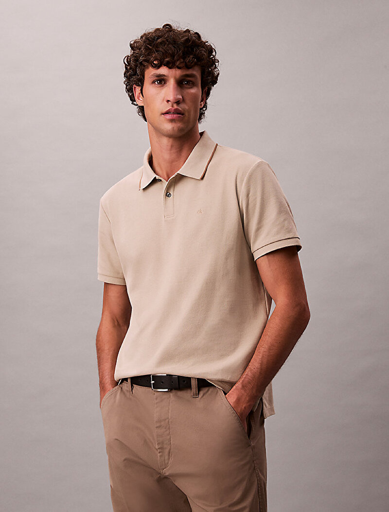 Calvin Klein Bej Renkli Erkek Refined Pique Tip Polo T-shirt
