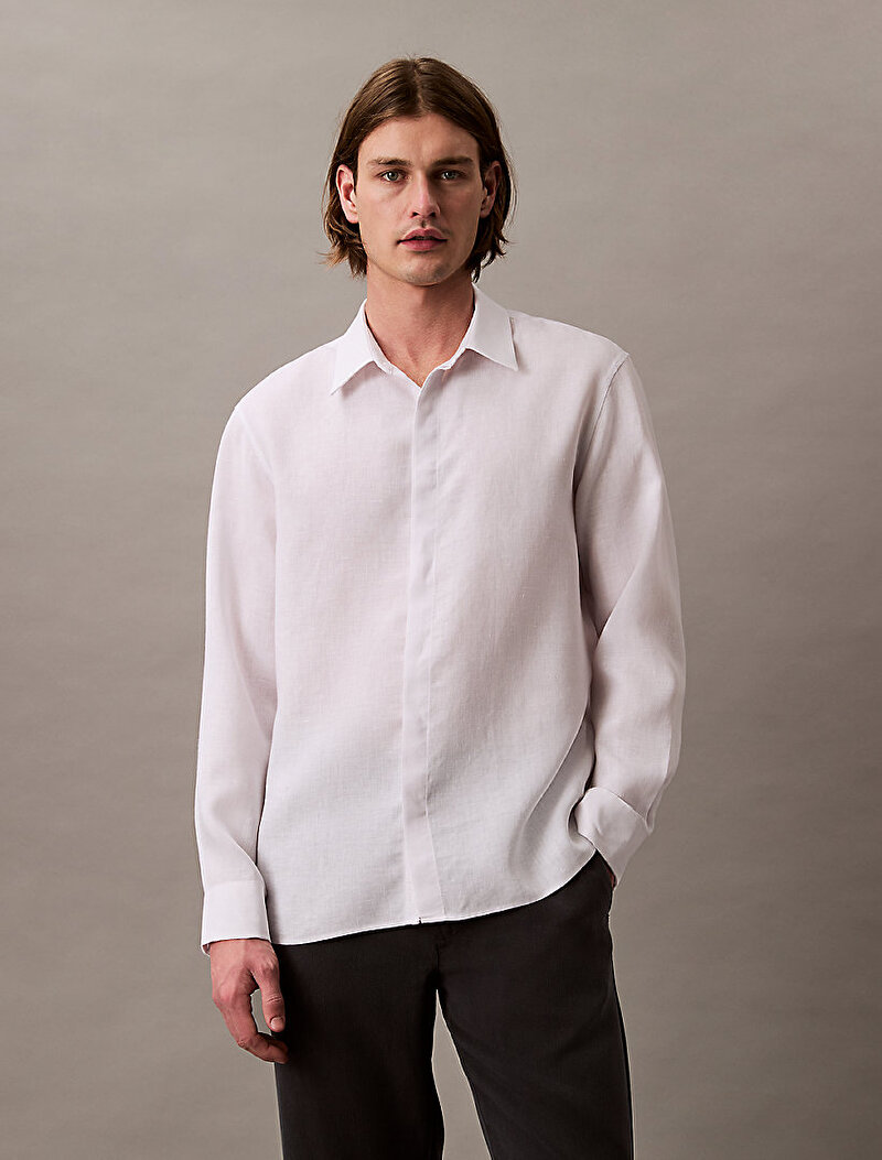 Calvin Klein Beyaz Renkli Erkek Linen Easy Gömlek