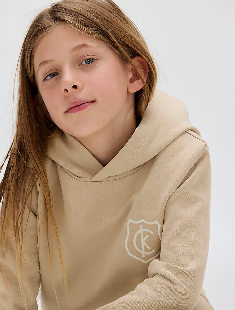 Calvin Klein Bej Renkli Erkek Çocuk Crest Logo Terry Hoodie