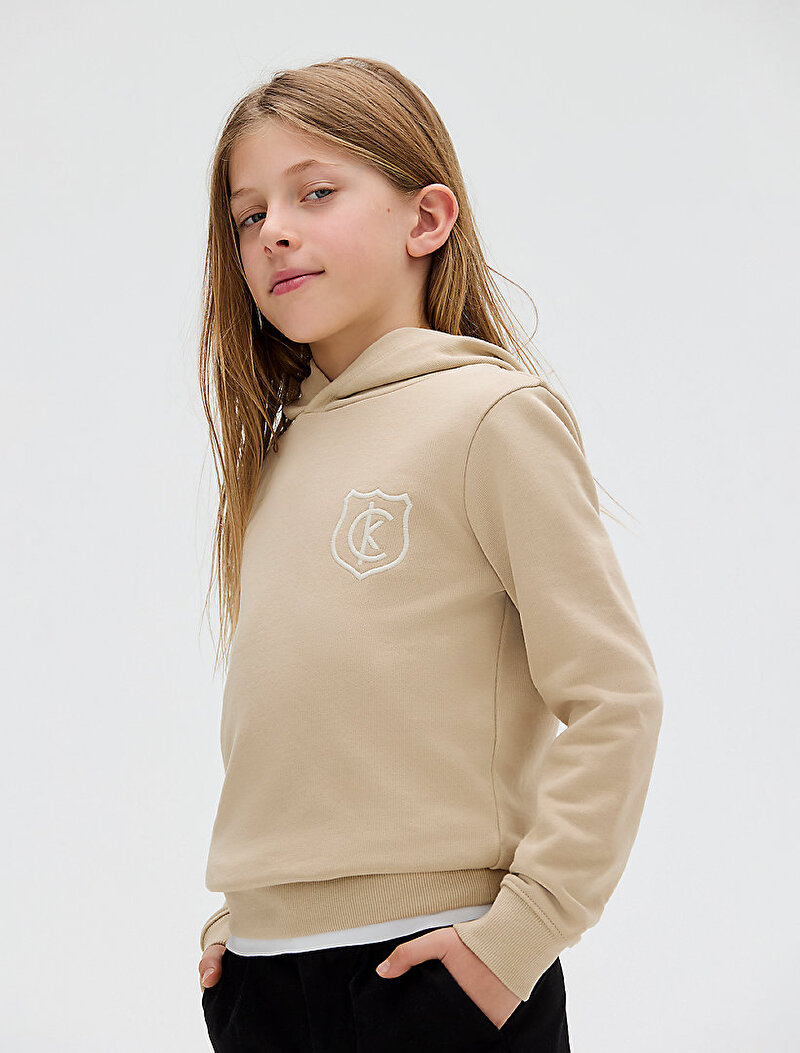 Calvin Klein Bej Renkli Erkek Çocuk Crest Logo Terry Hoodie