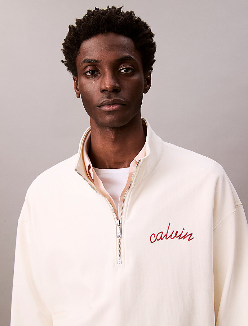 Calvin Klein Beyaz Renkli Erkek Premium Terry Chain Sweatshirt