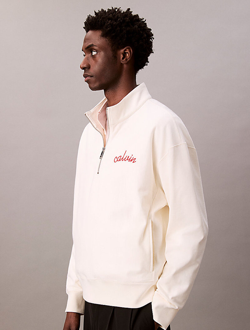 Calvin Klein Beyaz Renkli Erkek Premium Terry Chain Sweatshirt