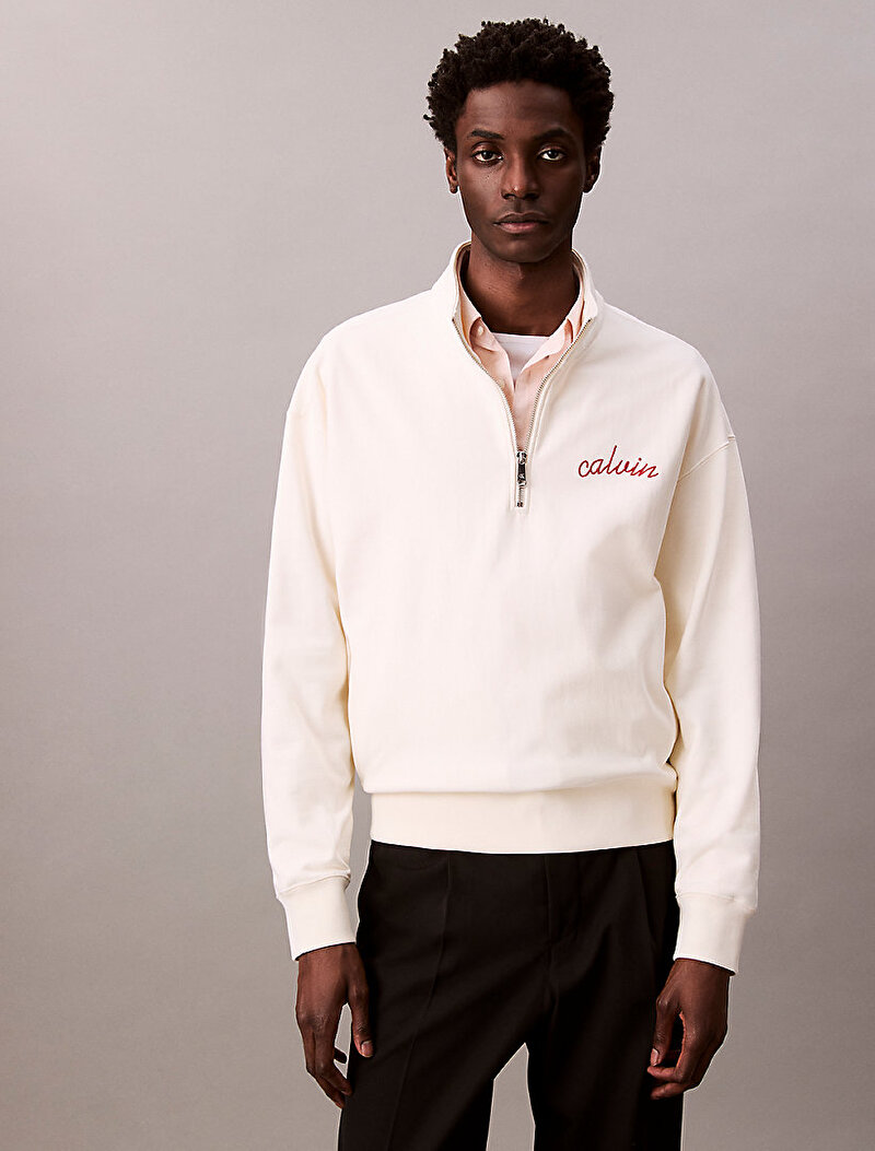 Calvin Klein Beyaz Renkli Erkek Premium Terry Chain Sweatshirt