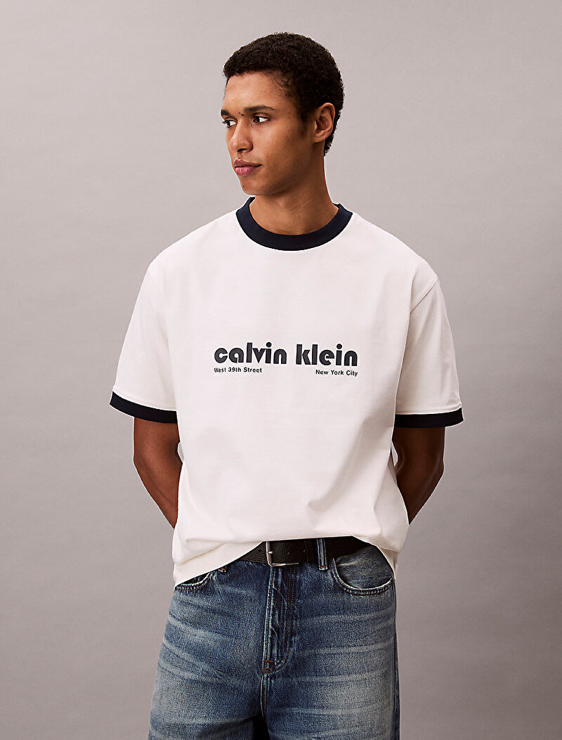Calvin Klein Beyaz Renkli Erkek Retro Logo Ringer T-shirt