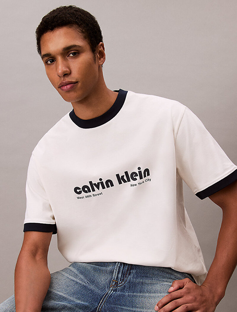 Calvin Klein Beyaz Renkli Erkek Retro Logo Ringer T-shirt