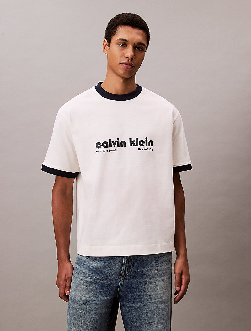 Calvin Klein Beyaz Renkli Erkek Retro Logo Ringer T-shirt