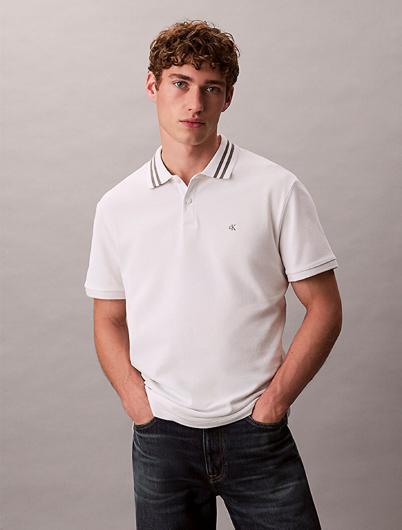 Calvin Klein Beyaz Renkli Erkek Monogrom Polo T-shirt