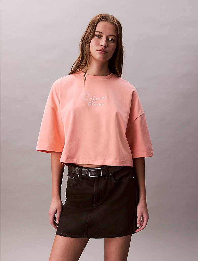 Calvin Klein Turuncu Renkli Kadın Crop Boxy Chain T-shirt