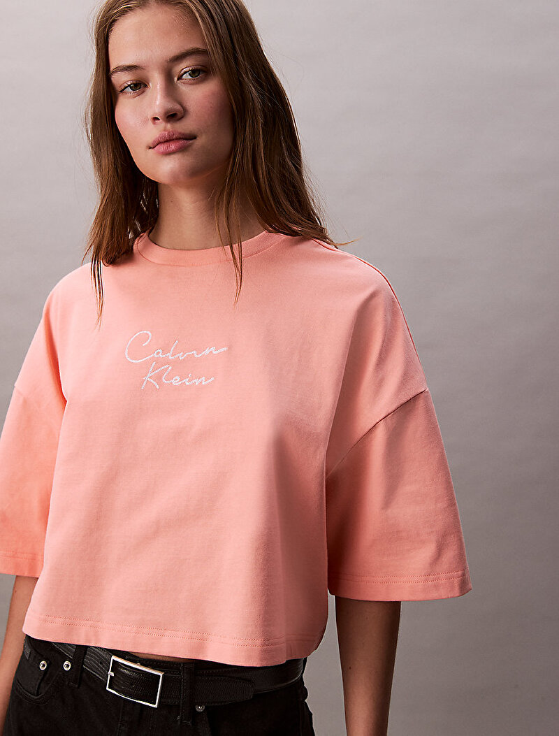 Calvin Klein Turuncu Renkli Kadın Crop Boxy Chain T-shirt