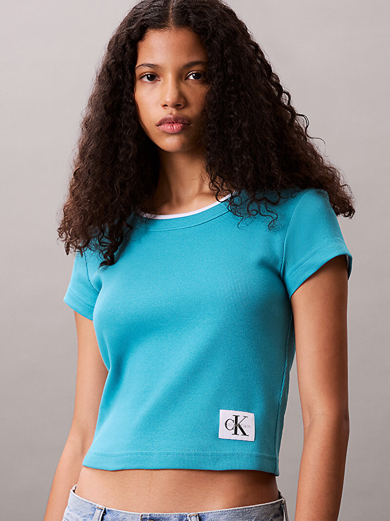 Calvin Klein Mavi Renkli Kadın Woven Label T-shirt