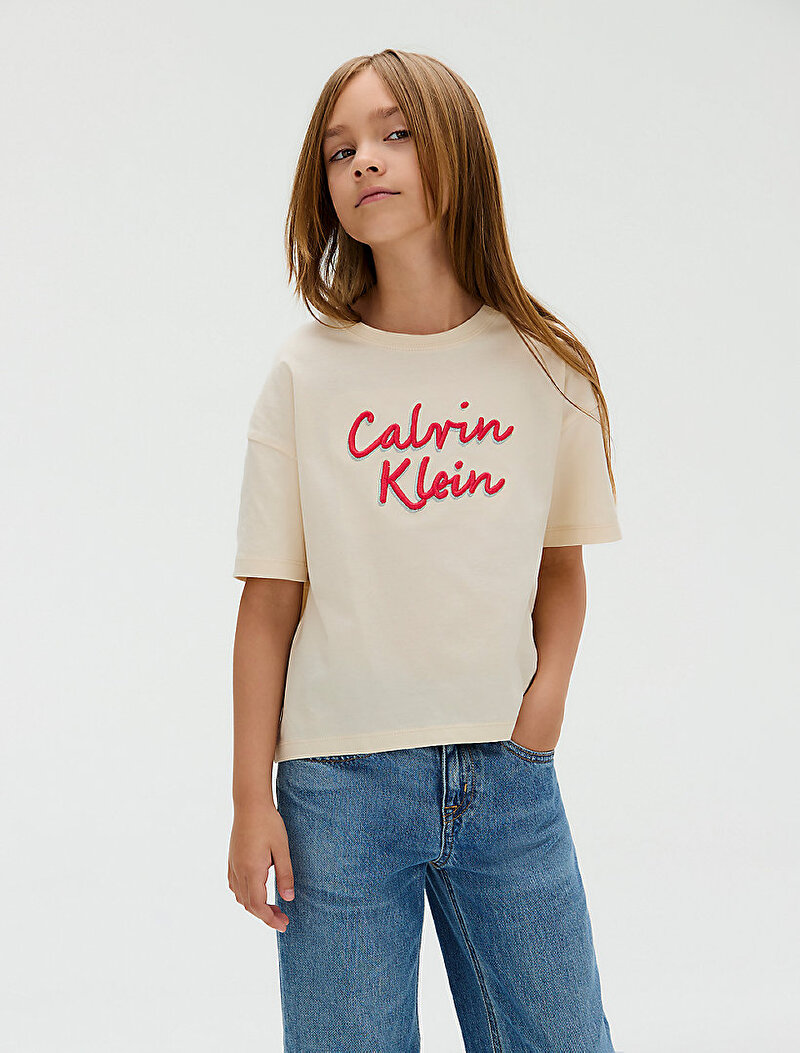 Calvin Klein Bej Renkli Kız Çocuk Boxy Metallic T-shirt