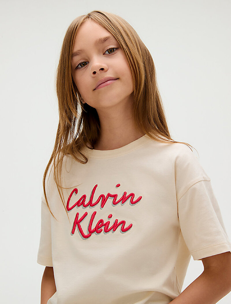Calvin Klein Bej Renkli Kız Çocuk Boxy Metallic T-shirt
