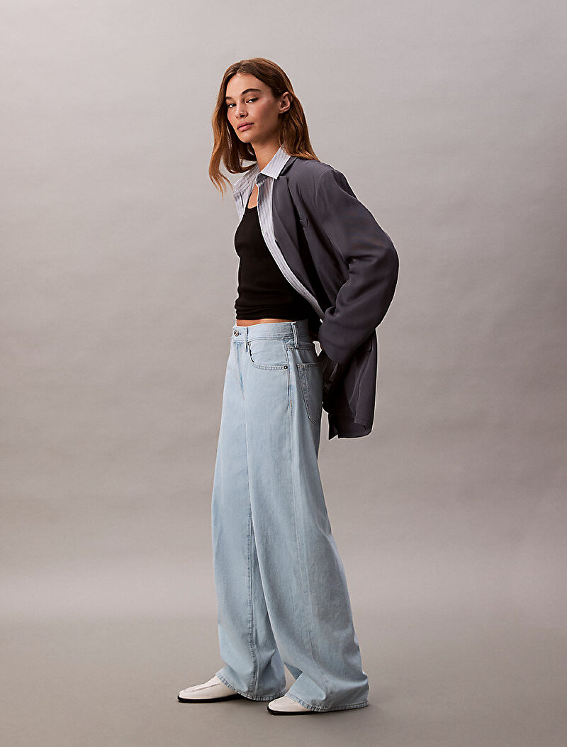 Calvin Klein Mavi Renkli Kadın TheWide Leg Linen Jean Pantolon