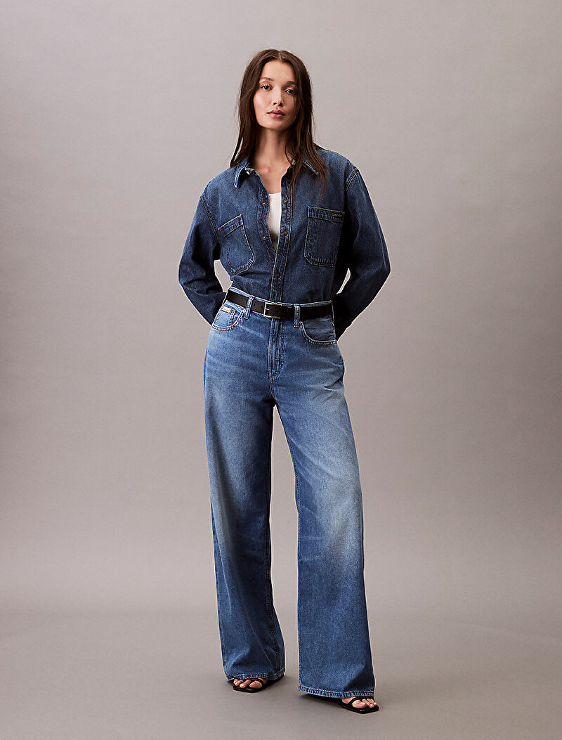 Calvin Klein Mavi Renkli Kadın The Wide Leg Linen Jean Pantolon