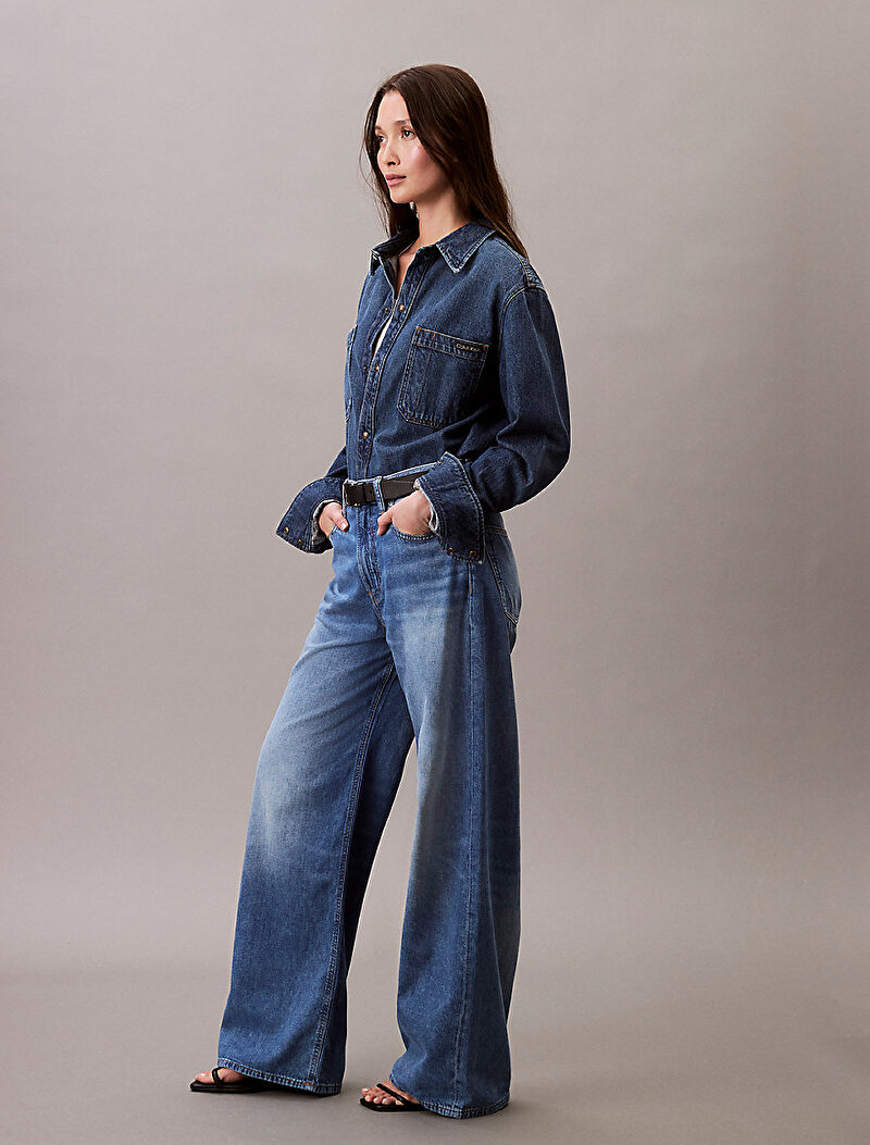 Calvin Klein Mavi Renkli Kadın The Wide Leg Linen Jean Pantolon