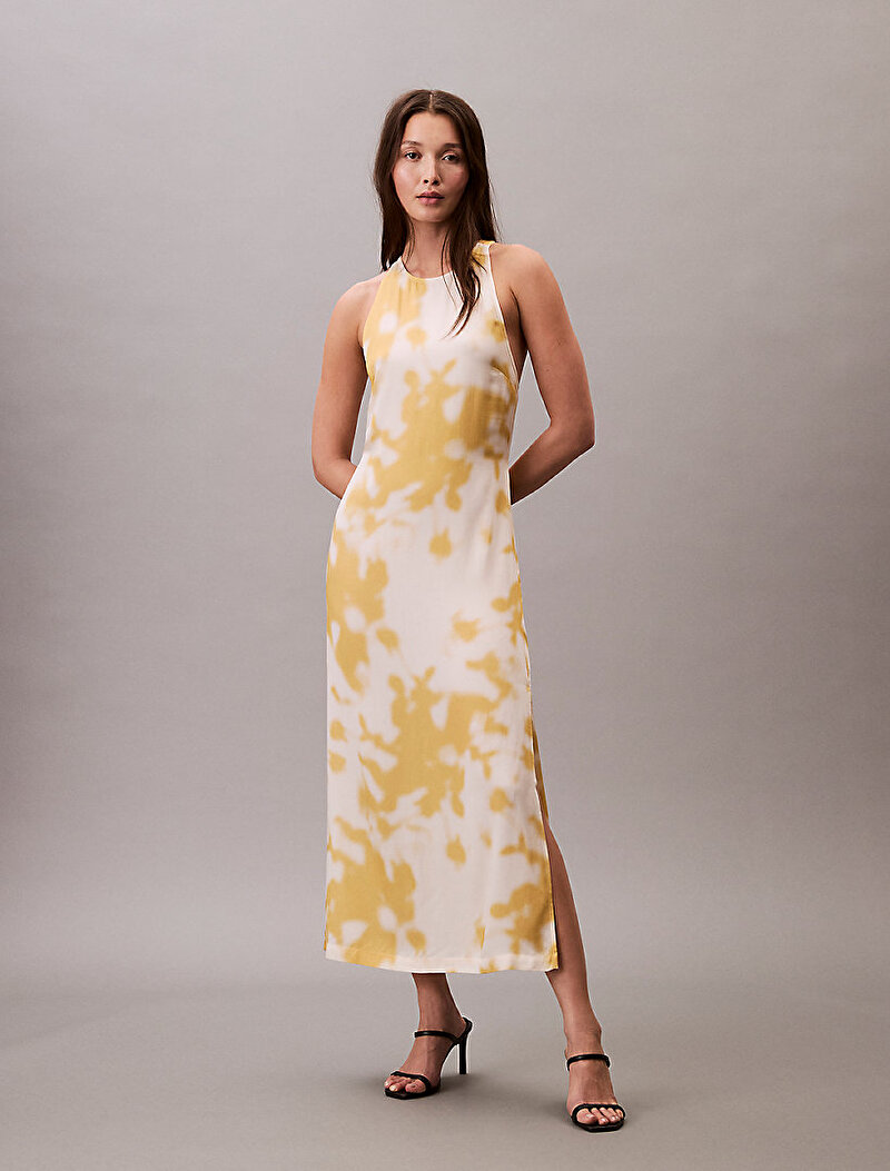 Calvin Klein Bej Renkli Kadın Printed Viscose Satin Elbise