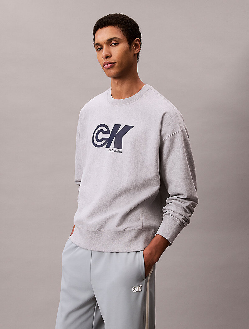 Calvin Klein Gri Renkli Erkek Premium Terry Monogram Sweatshirt