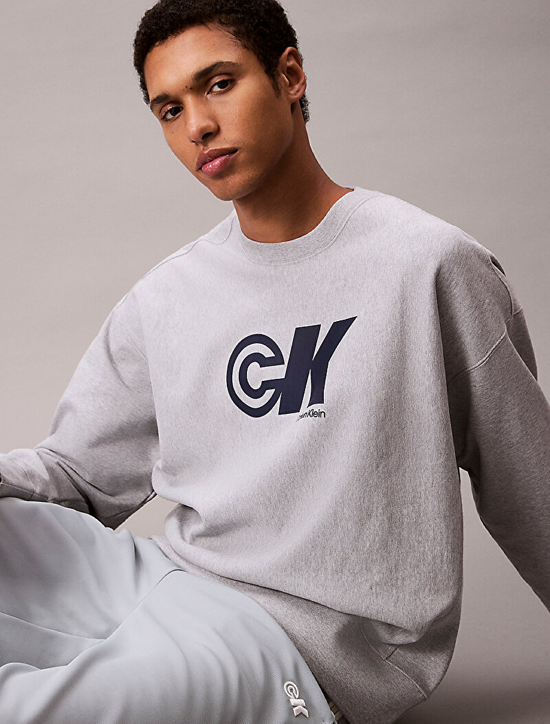Calvin Klein Gri Renkli Erkek Premium Terry Monogram Sweatshirt