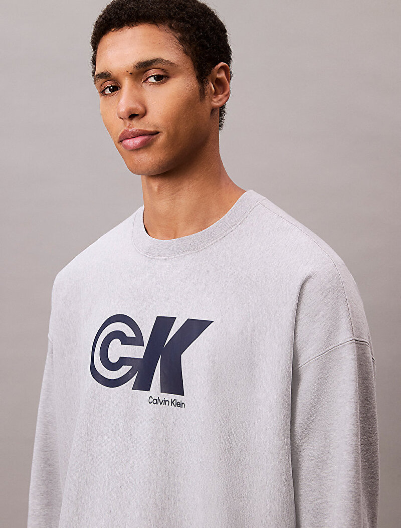 Calvin Klein Gri Renkli Erkek Premium Terry Monogram Sweatshirt