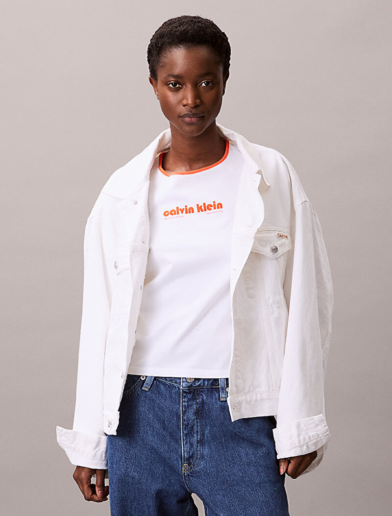 Calvin Klein Beyaz Renkli Kadın Retro Logo Graphic T-shirt