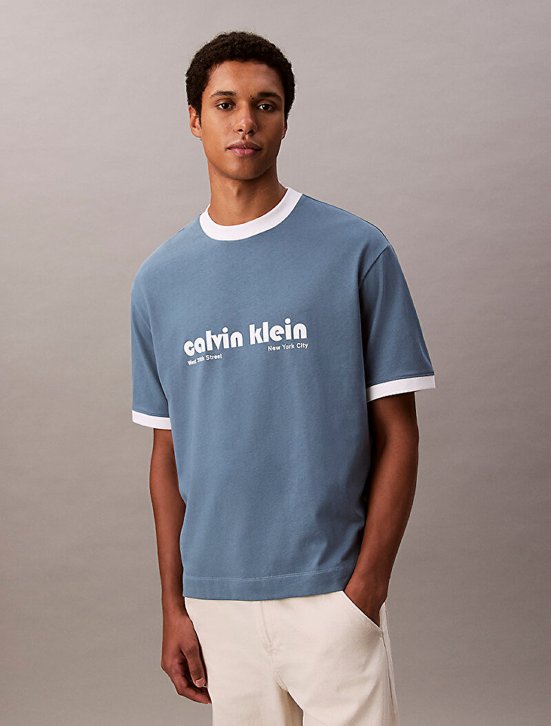 Calvin Klein Mavi Renkli Erkek Retro Logo Ringer T-shirt