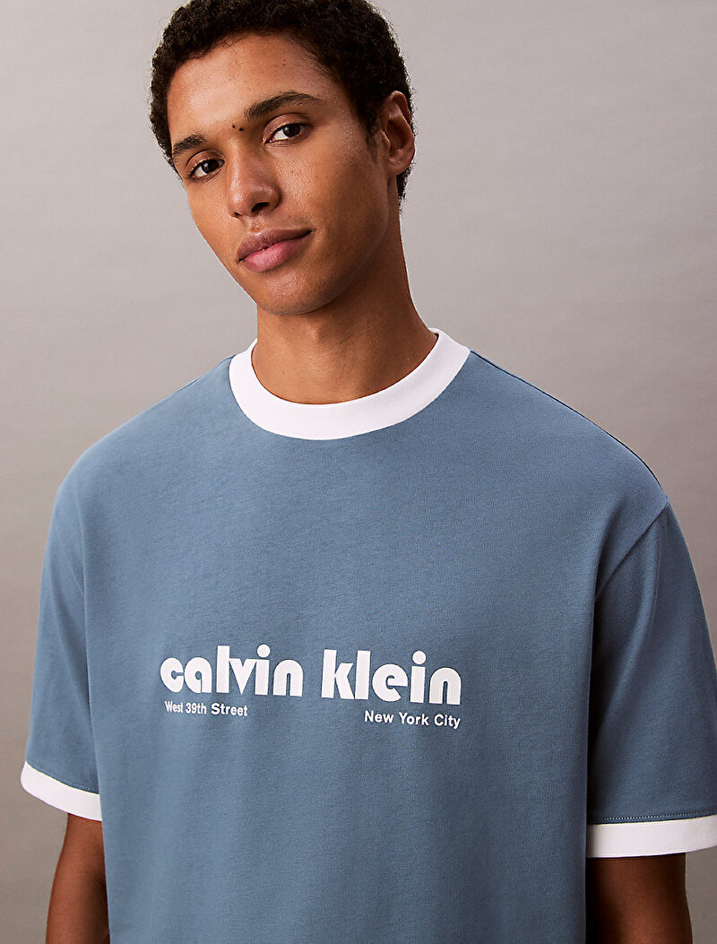 Calvin Klein Mavi Renkli Erkek Retro Logo Ringer T-shirt