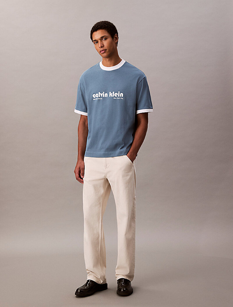 Calvin Klein Mavi Renkli Erkek Retro Logo Ringer T-shirt