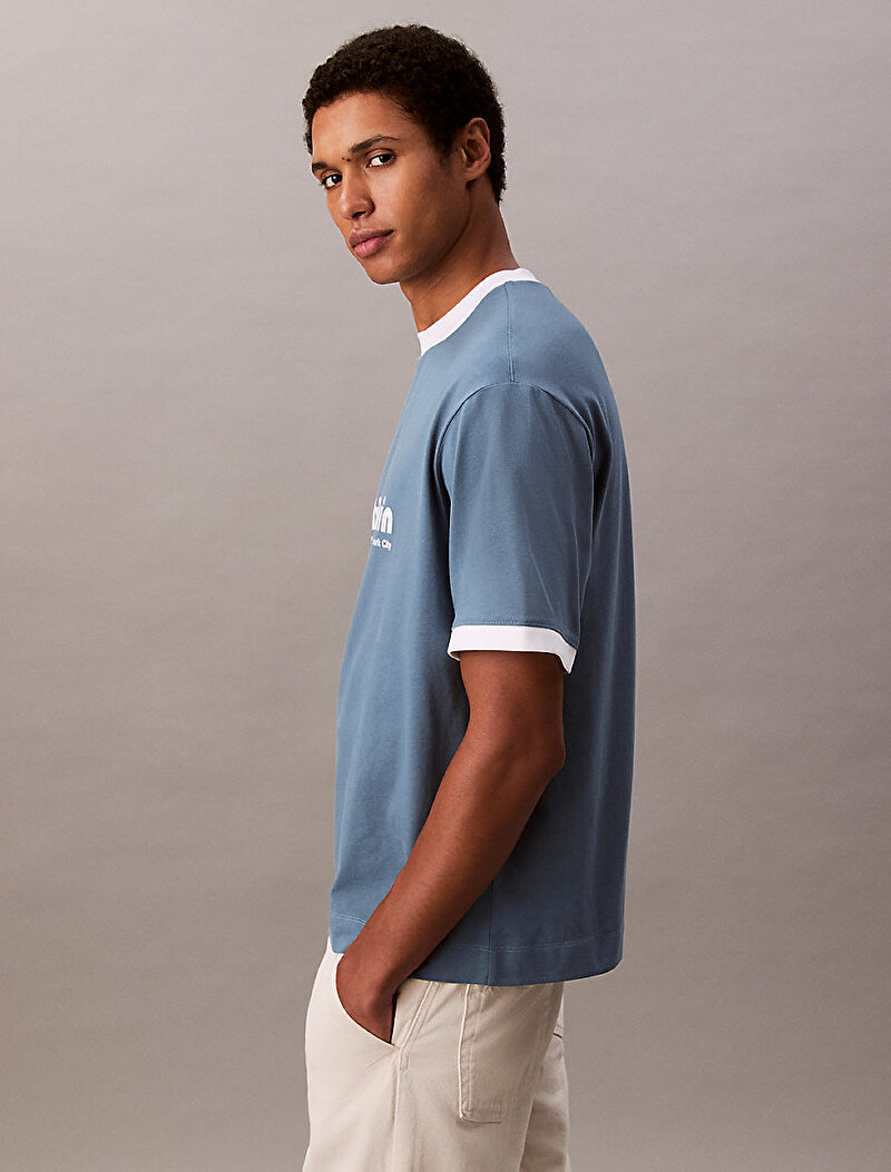 Calvin Klein Mavi Renkli Erkek Retro Logo Ringer T-shirt