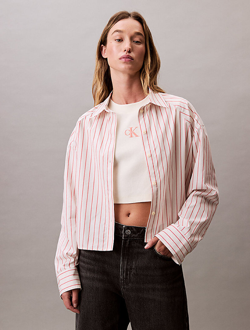 Kadın Stripe Boxy Crop Gömlek